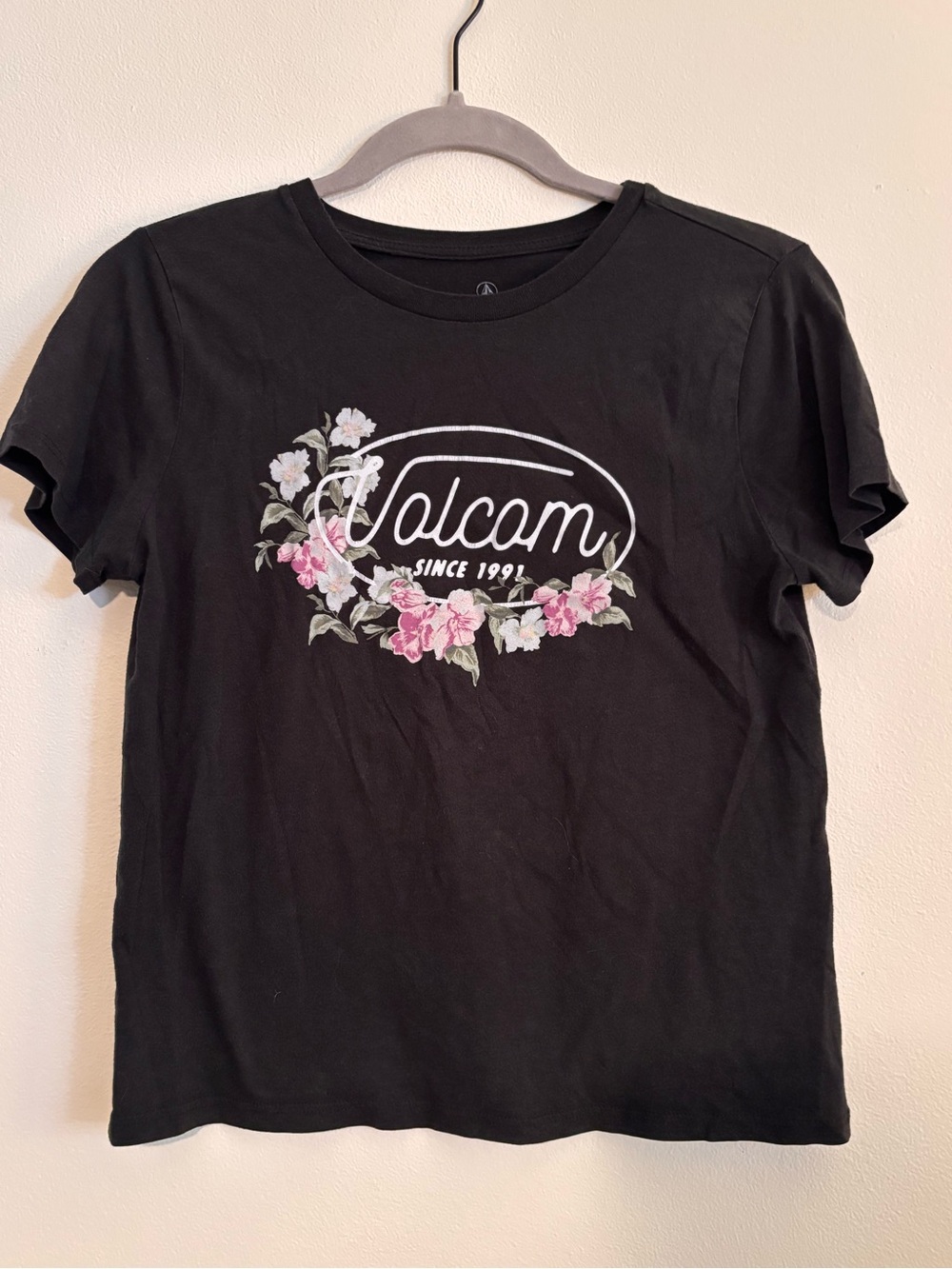Volcom Black Tee with Pink & White Floral Logo